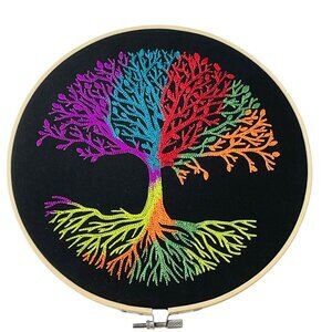 Rainbow Tree of Life Wall Art Embroidery Hoop Wood Frame 10" Handmade New